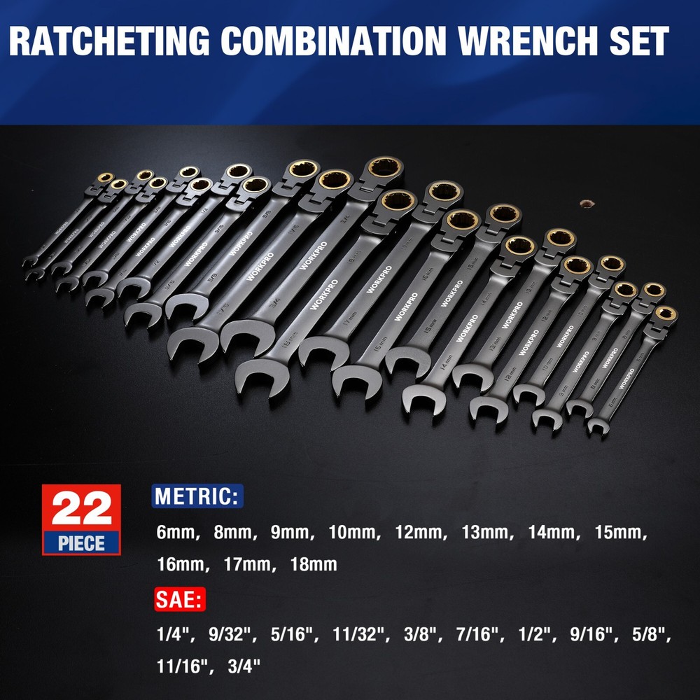 WORKPRO 22PC Regular/Flex-Head Ratcheting Combination Wrench Set w/Organizer Box