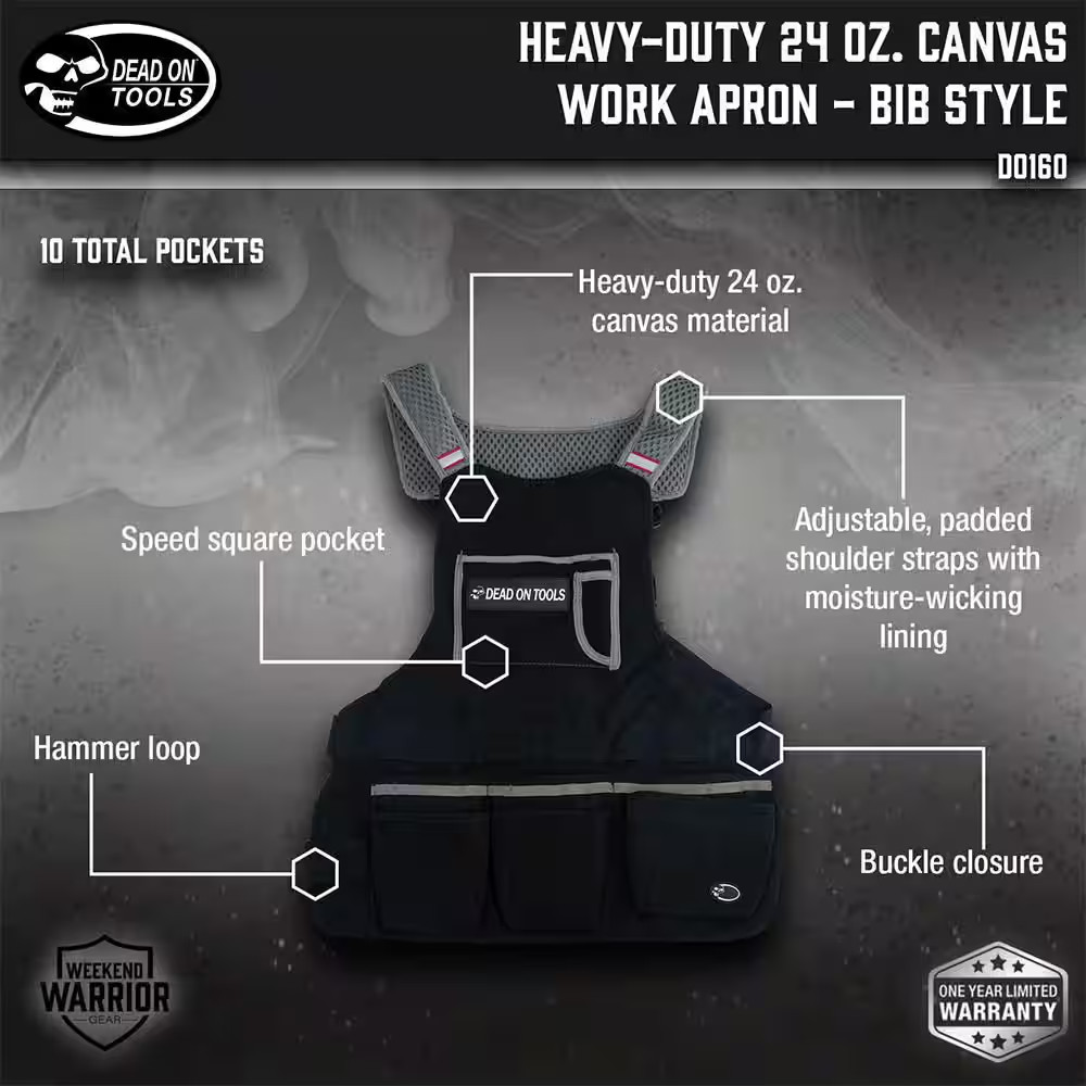Heavy-Duty 24 Oz. Canvas Tool Work Apron-Bib Style