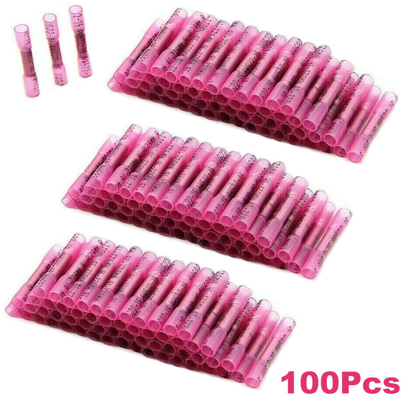 100Pcs 22-16AWG Red Heat Shrink Wire Butt Connectors Waterproof Splice Terminals