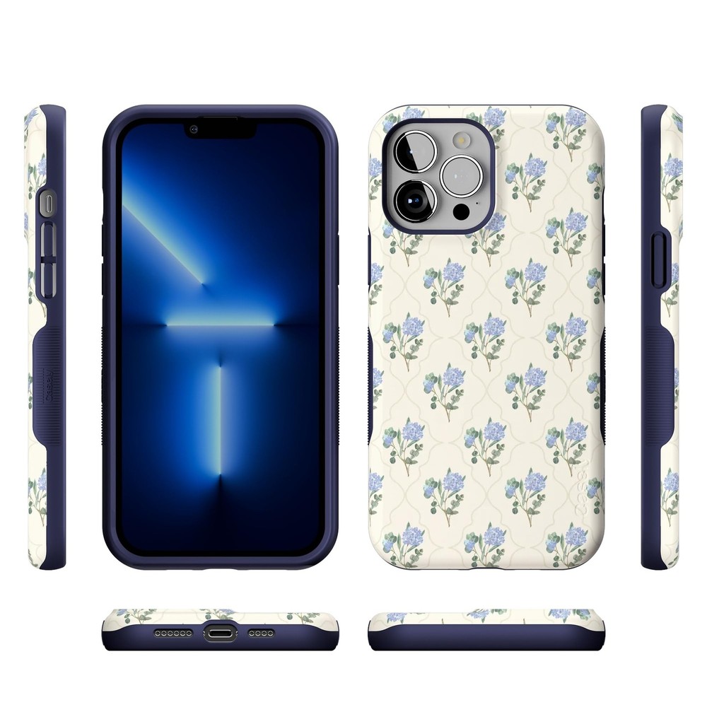 Casely iPhone 13 Pro Case | Vintage Garden | Blue Hydrangea | Bold Protective De
