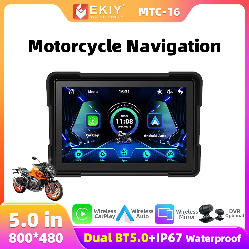 EKIY MTC16 5Inch Navigation Motorcycle Waterproof Wireless Android Auto Apple Ca
