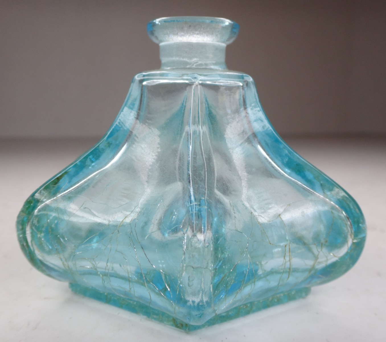 Antique Aqua Blue Green Inkwell Pressed Glass Bottle 6 Side UNUSUAL Shape