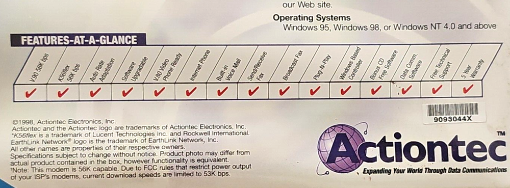 NOS Actiontec 56K ISA Advantage Internal Fax Modem for Windows V.90 & K56flex