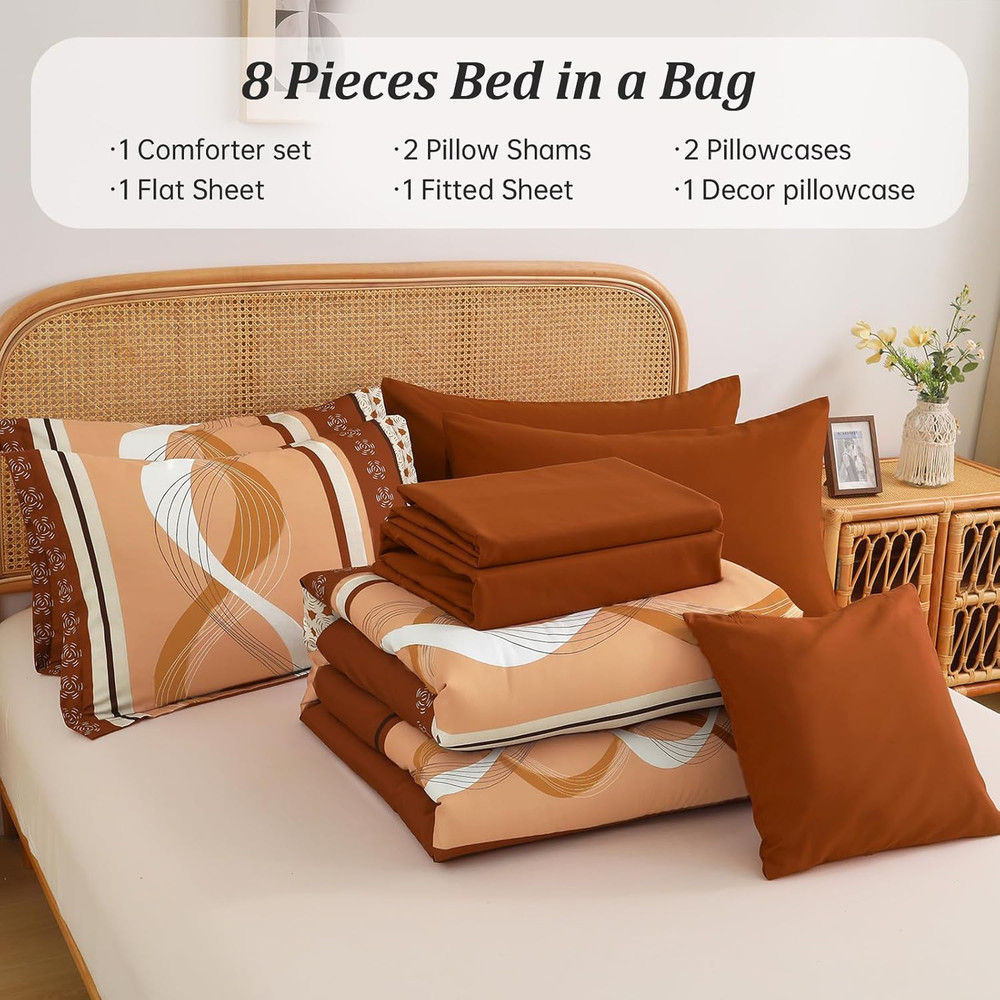 Orange Boho King Comforter Set 8Pc Bed in a Bag Patchwork Bedding Set