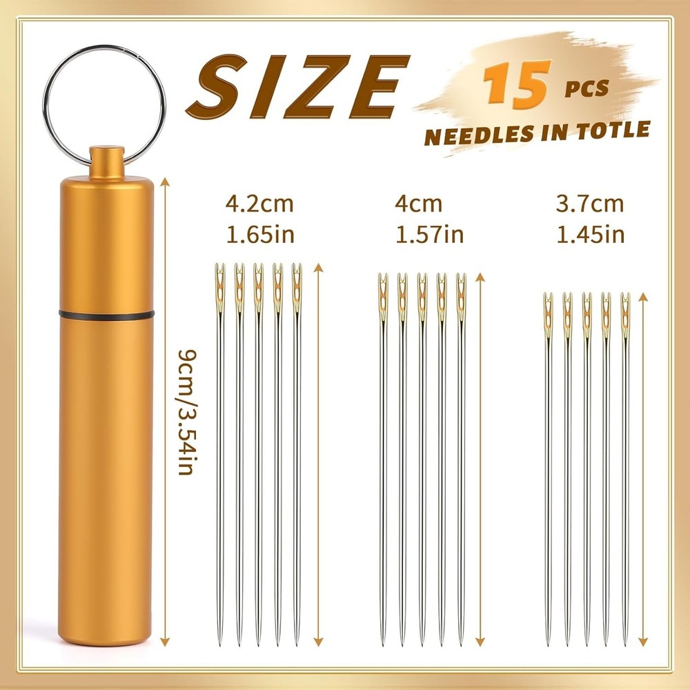15Pcs Self Threading Needles Set - Easy Thread Steel Hand Sewing Needles w/ Case