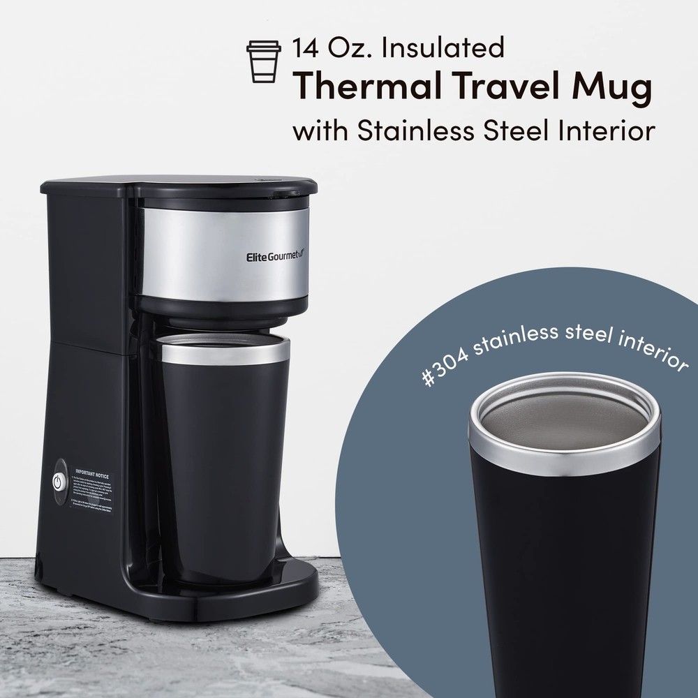 Compact Single-Serve Coffee Maker with 14Oz Thermal Mug, Compatible with Grounds