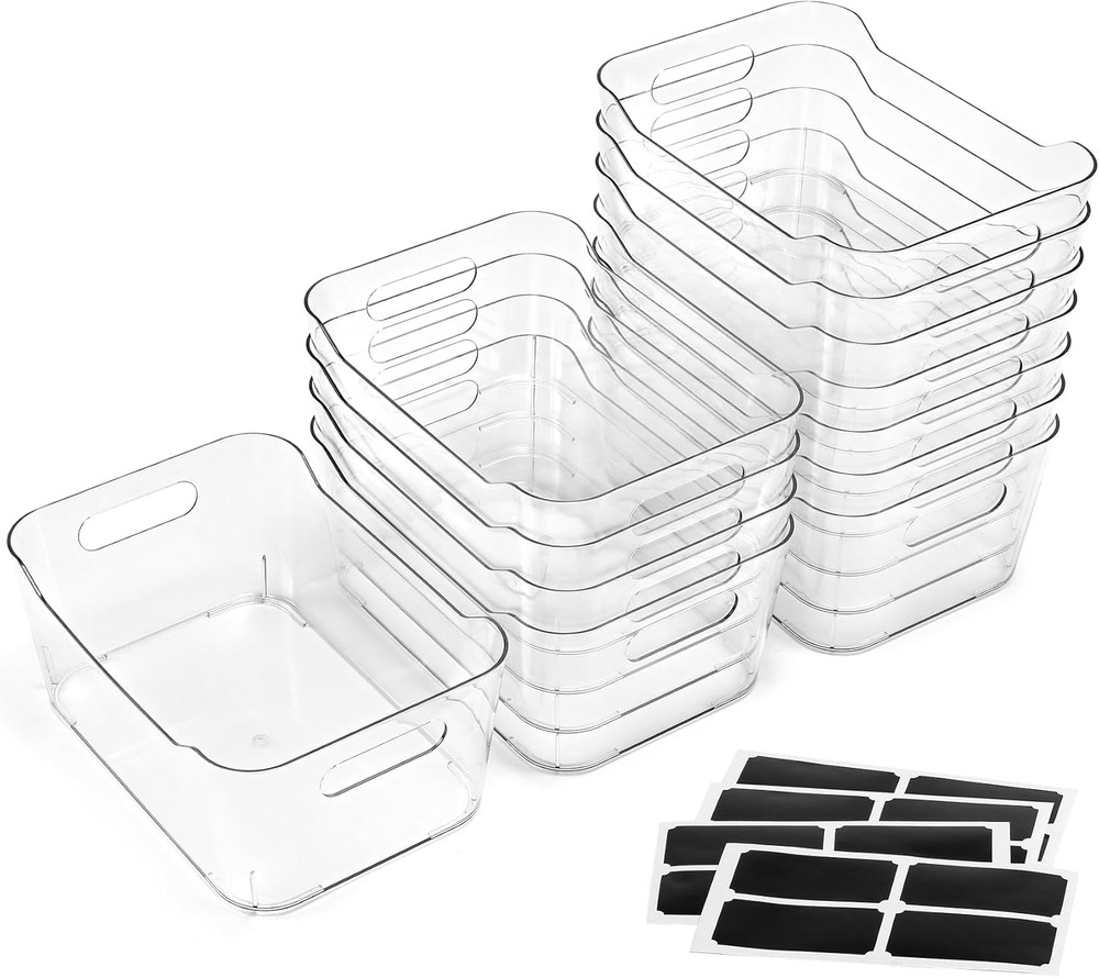 12 Pack Clear Plastic Storage Bins with Labels for Kitchen Pantry Office RV