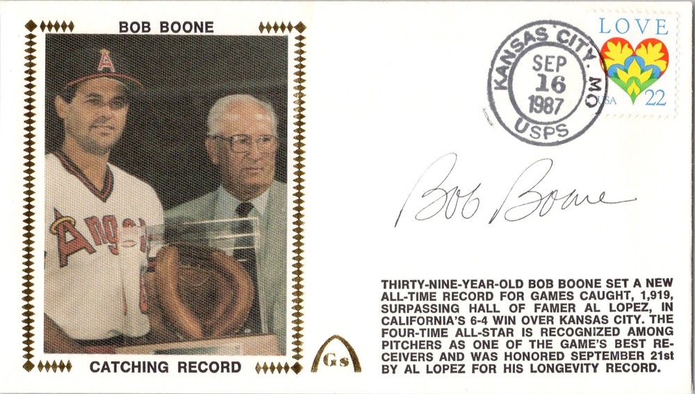 Bob Boone Catching Record Signed Gateway Postal Cachet September 16, 1987