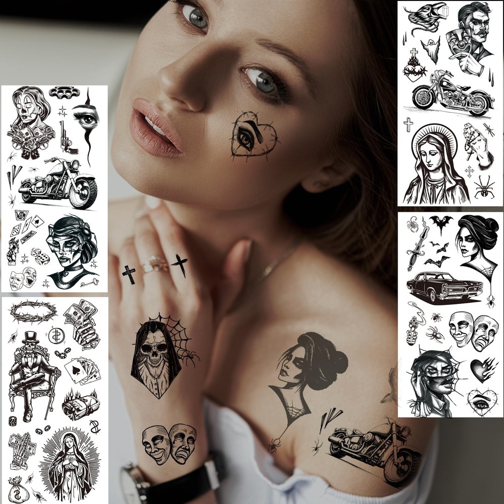 12 Sheets Large Chicano Temporary Tattoos, Cholo and Chola Multiple, Black