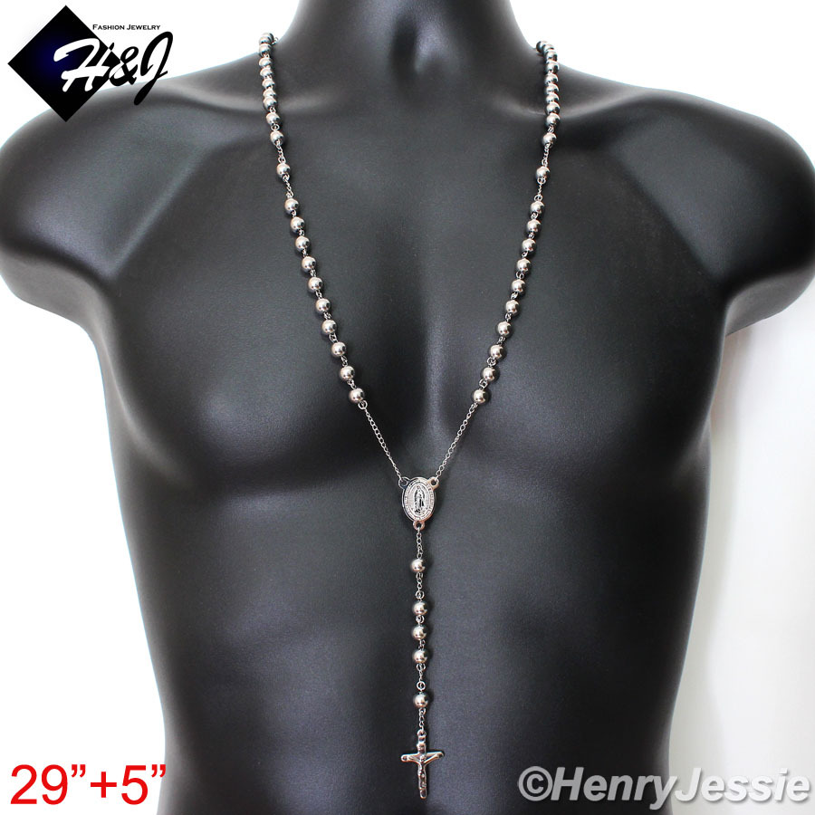 29+5"MEN Stainless Steel HEAVY 8mm Silver Beads Virgin Mary Rosary Necklace*RN10