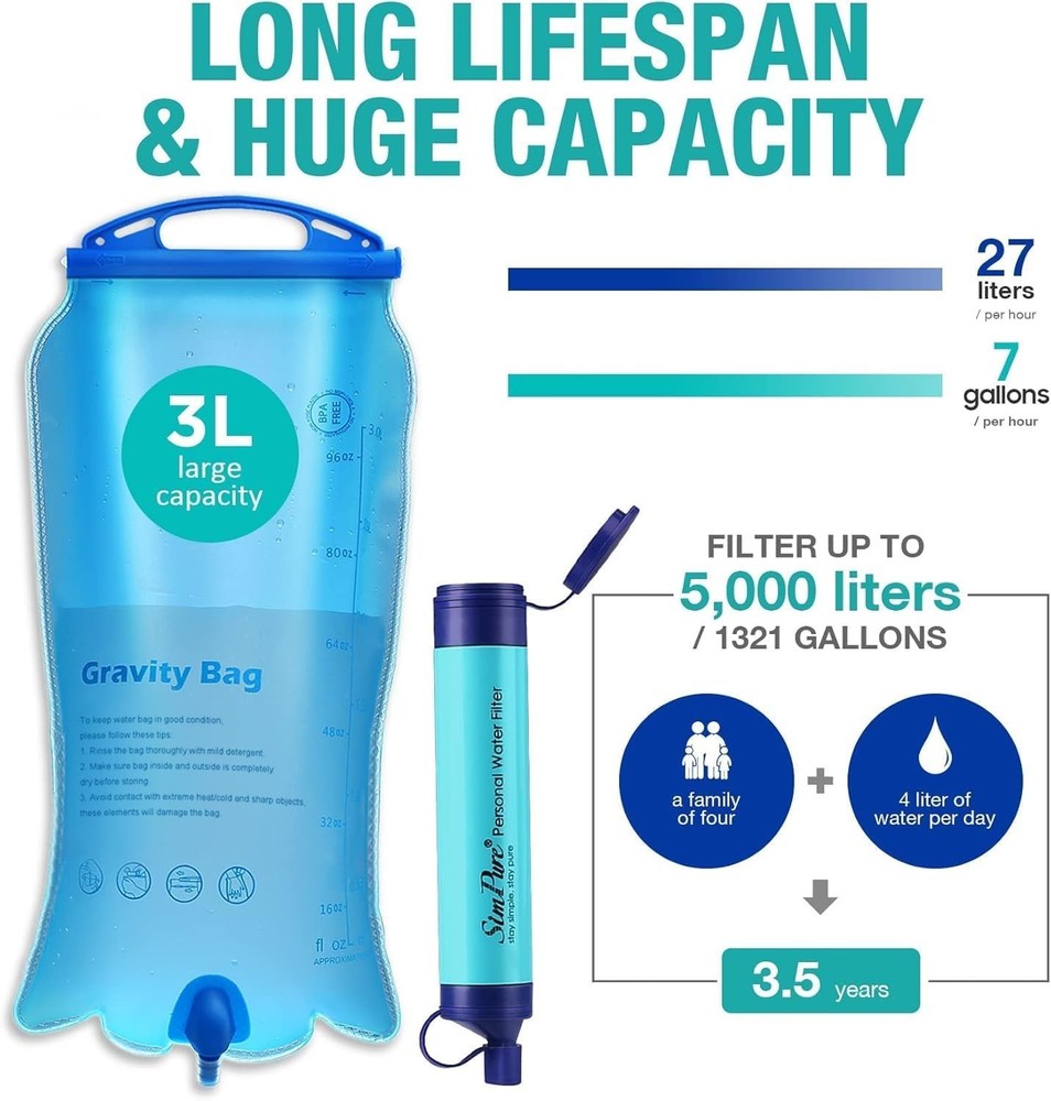 SimPure Gravity Water Filter, Portable Gravity-Fed Water Purifier 3L Bag, Strap