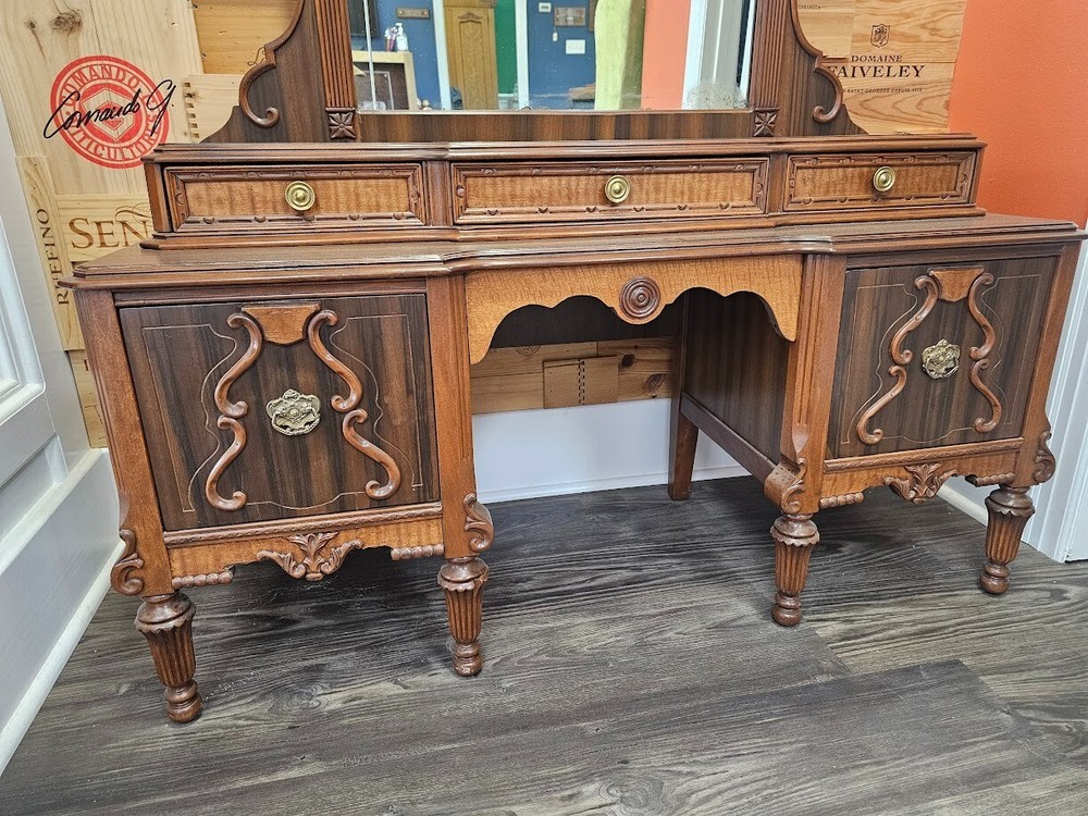 Antique Walnut Vanity with Mirror and Drawers