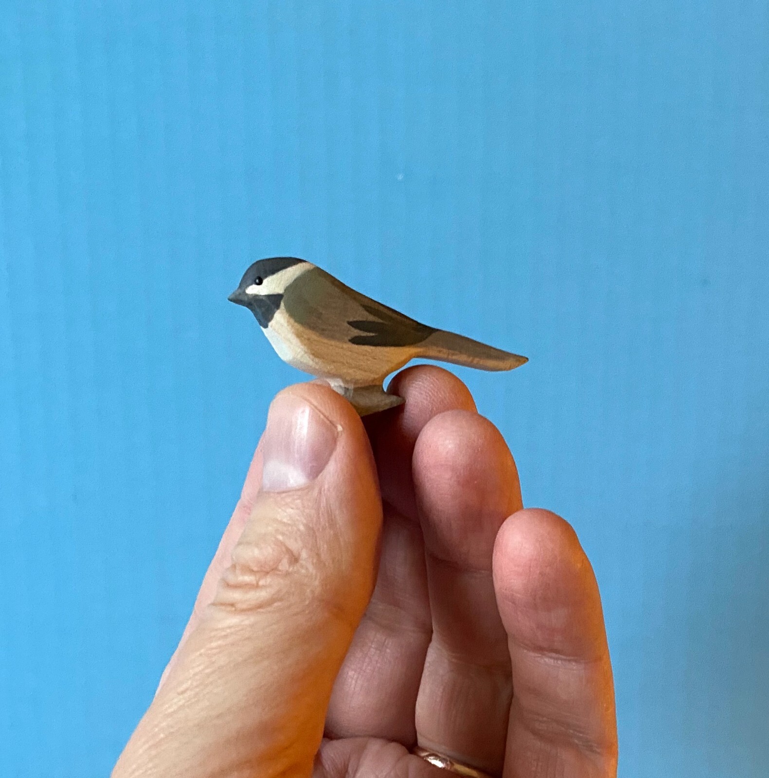 Chickadee bird, hand made Waldorf wooden toy figure Ostheimer type Scherbak