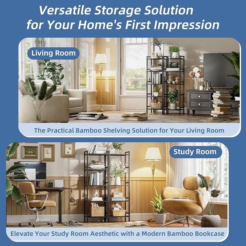 5-Tier Adjustable Bamboo Bookshelf Lightweight Space Saving Storage Organizer US