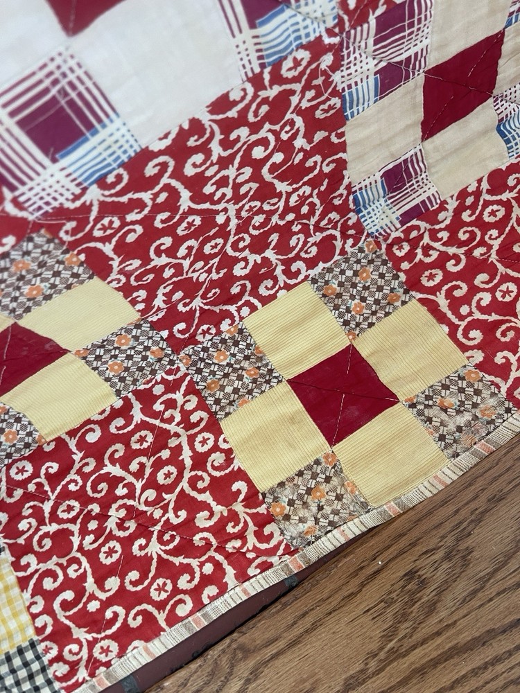 Vintage Red Calico Feedsack Patchwork Quilt Blanket Nine Patch 1900s Beautiful