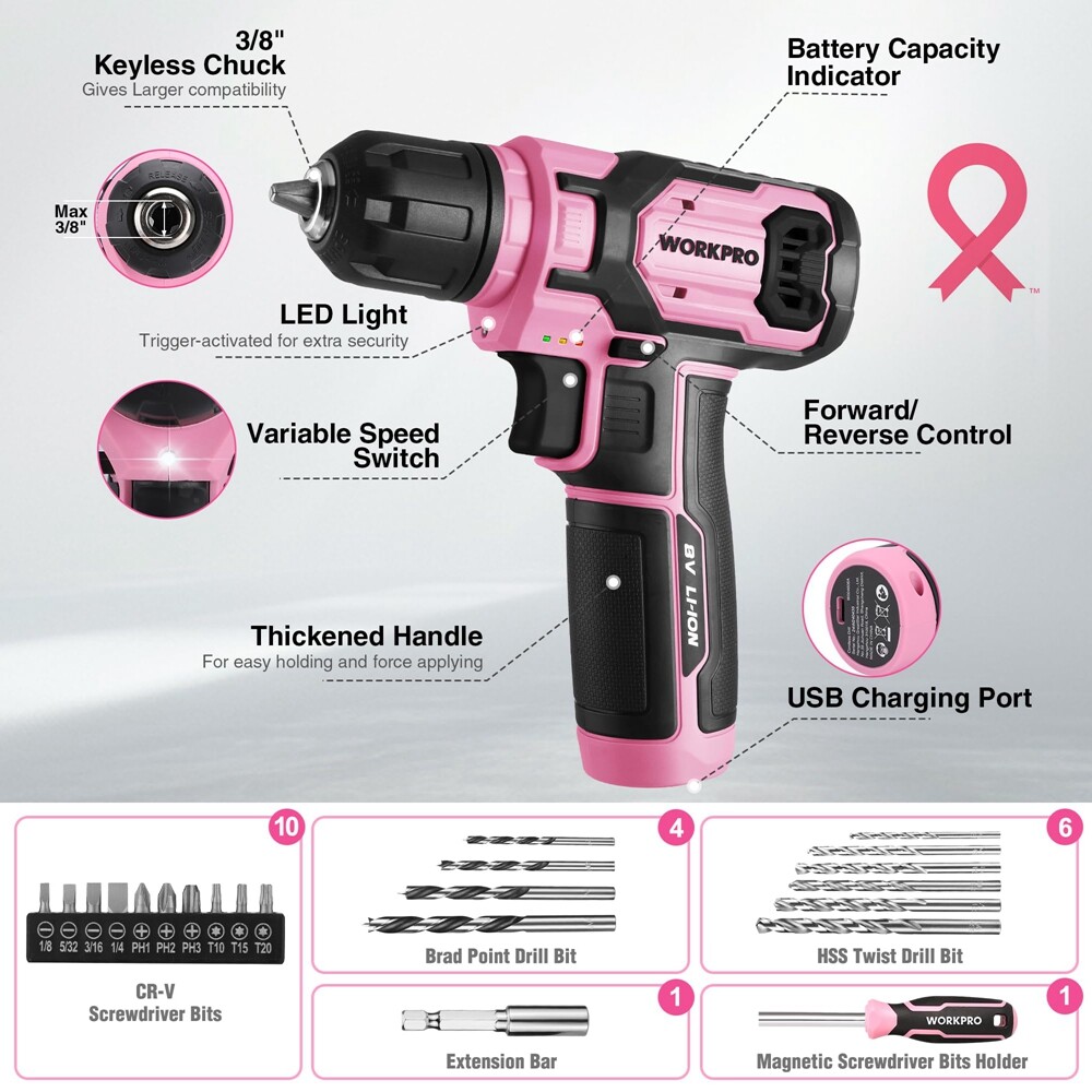 WORKPRO 8V Pink Cordless Drill Driver 43PCS Tool Set Lithium-ion Power Drill Bit