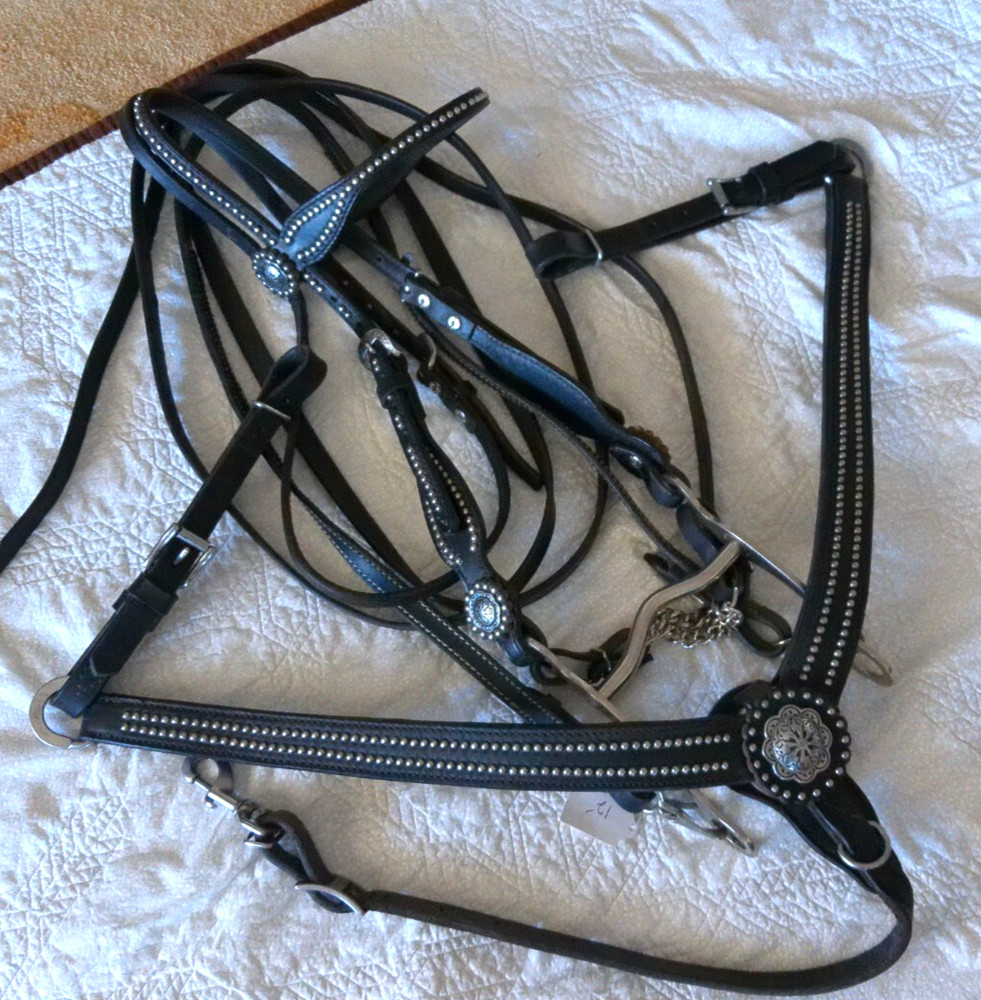 WEAVER BACK IN BLACK TACK SET ,HEADSTALL, SPLIT REINS, BREAST COLLAR , BIT