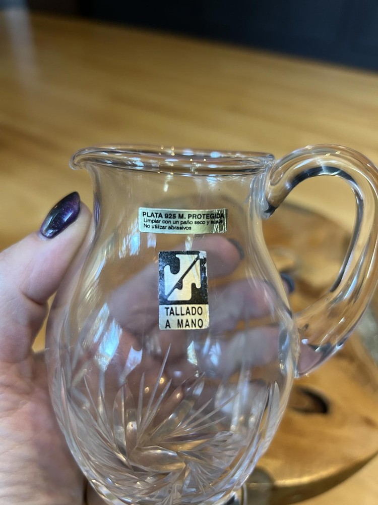 Small Hand-Cut Crystal Glass Pitcher with Silver-Plated Base