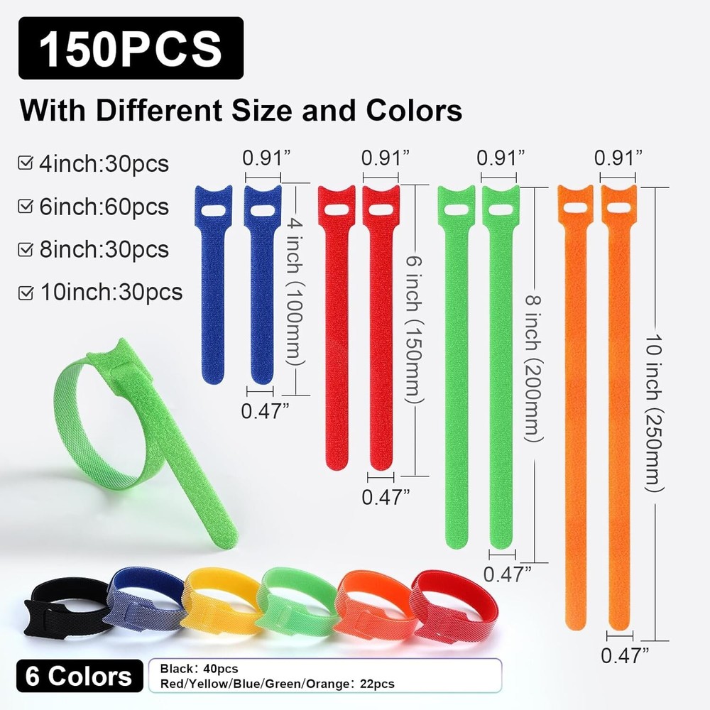 150PCS Nylon Cable Ties Multi-Color Adjustable Reusable Fastening Straps