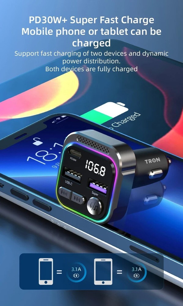 TRON 48W Bluetooth 5.3 FM Transmitter Car Adapter (PD30W & QC18W)with Mic ,MP3
