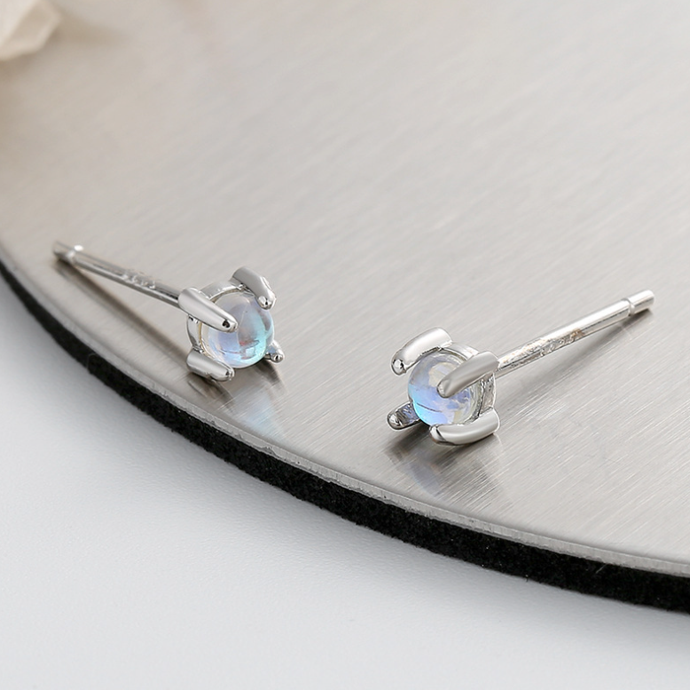 925 Sterling Silver Tiny Moonstone Opal Stud Post Earrings 5mm Gift F16
