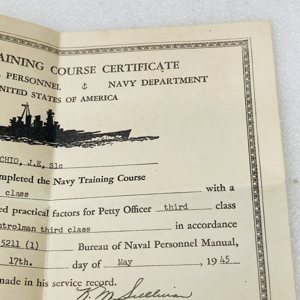 VTG‼ US Navy Training Course Certificate WWII Fire Controlman 3rd Class 1945