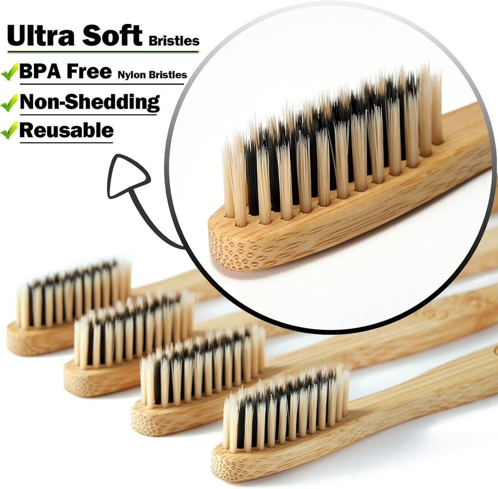 Bamboo Toothbrushes 10 Pack Biodegradable Soft Medium Charcoal Bristles
