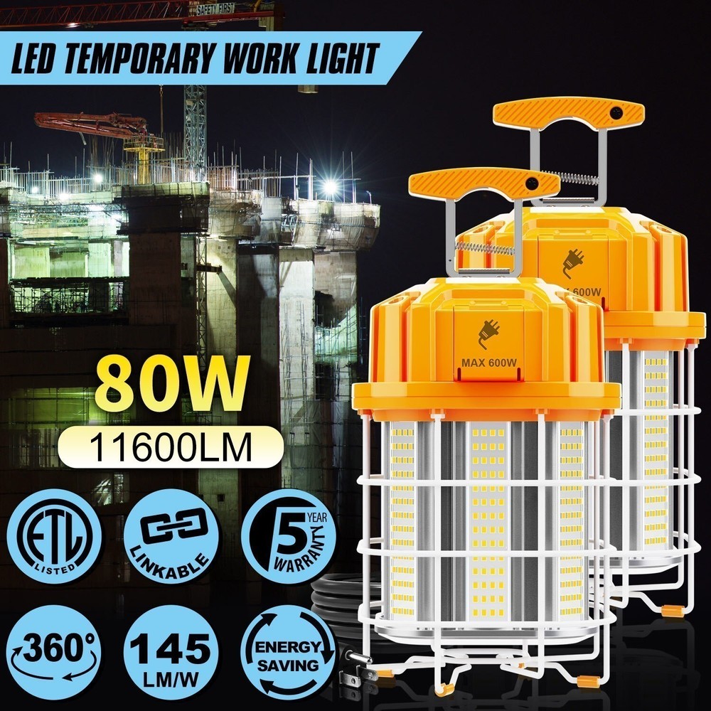 2Pack 80W LED Temporary Work Light Linkable Warehouse Construction Jobsite Lamp