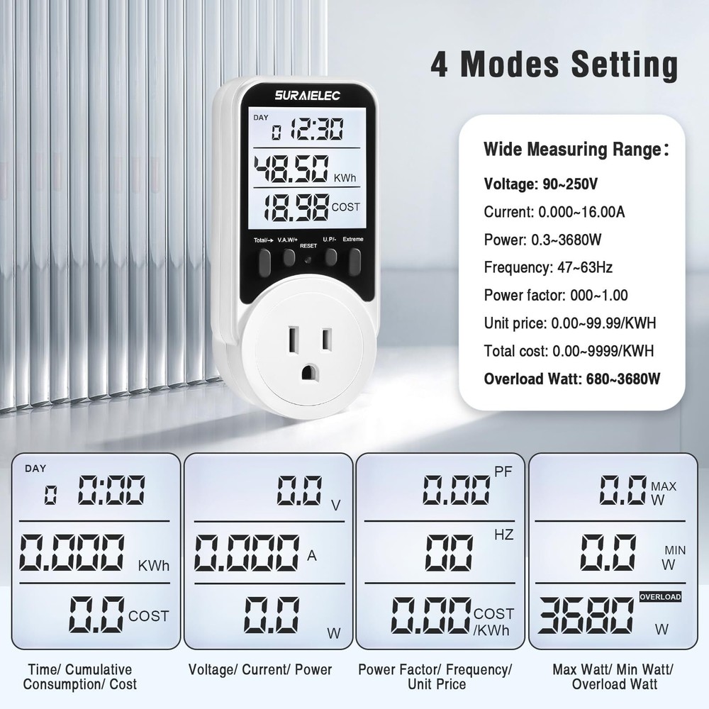 Watt Meter, Plug-in Socket Power Meter, 90V-250V Wide Range, Backlit Large Displ