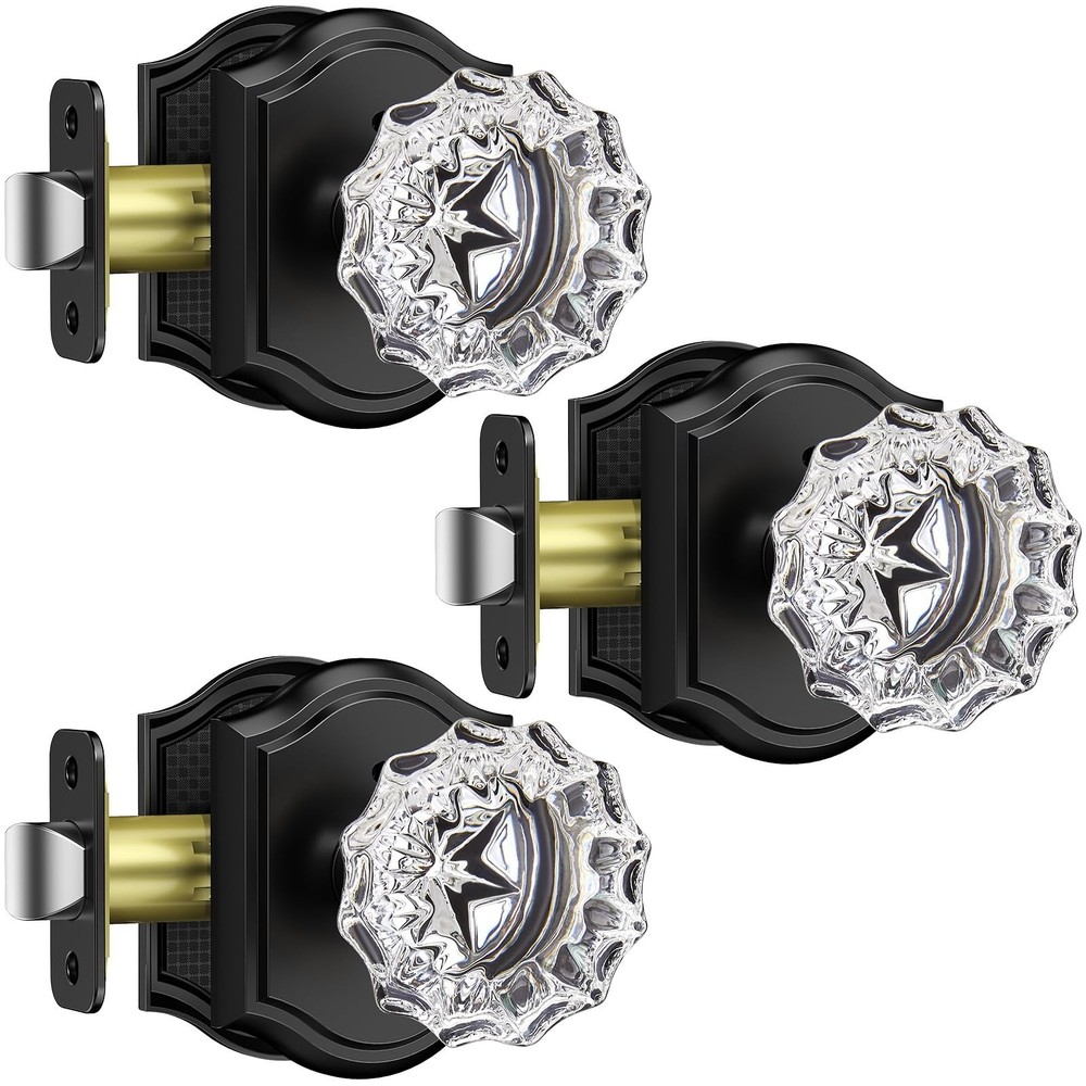 3 Pack Glass Door Knob, Rosette Shaped Crystal Door Knobs with Lock, Matte Bl...