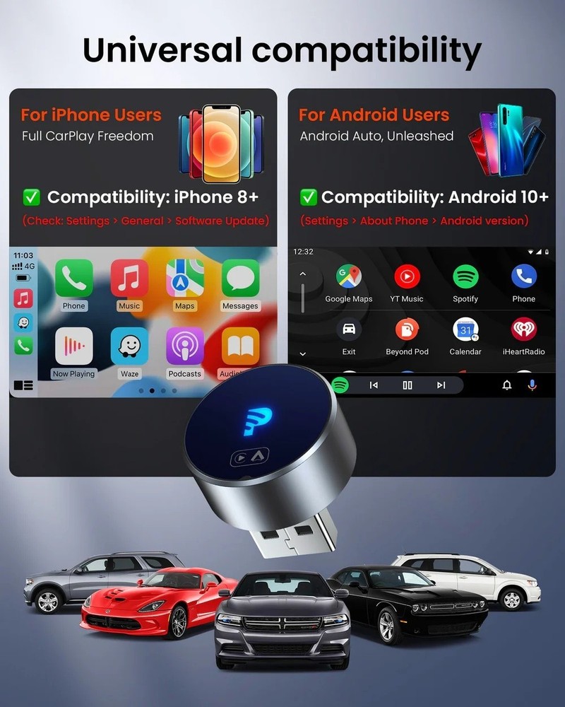 2-in-1 Mini Wireless CarPlay & Android Auto Adapter Plug & Play Bluetooth 5.4