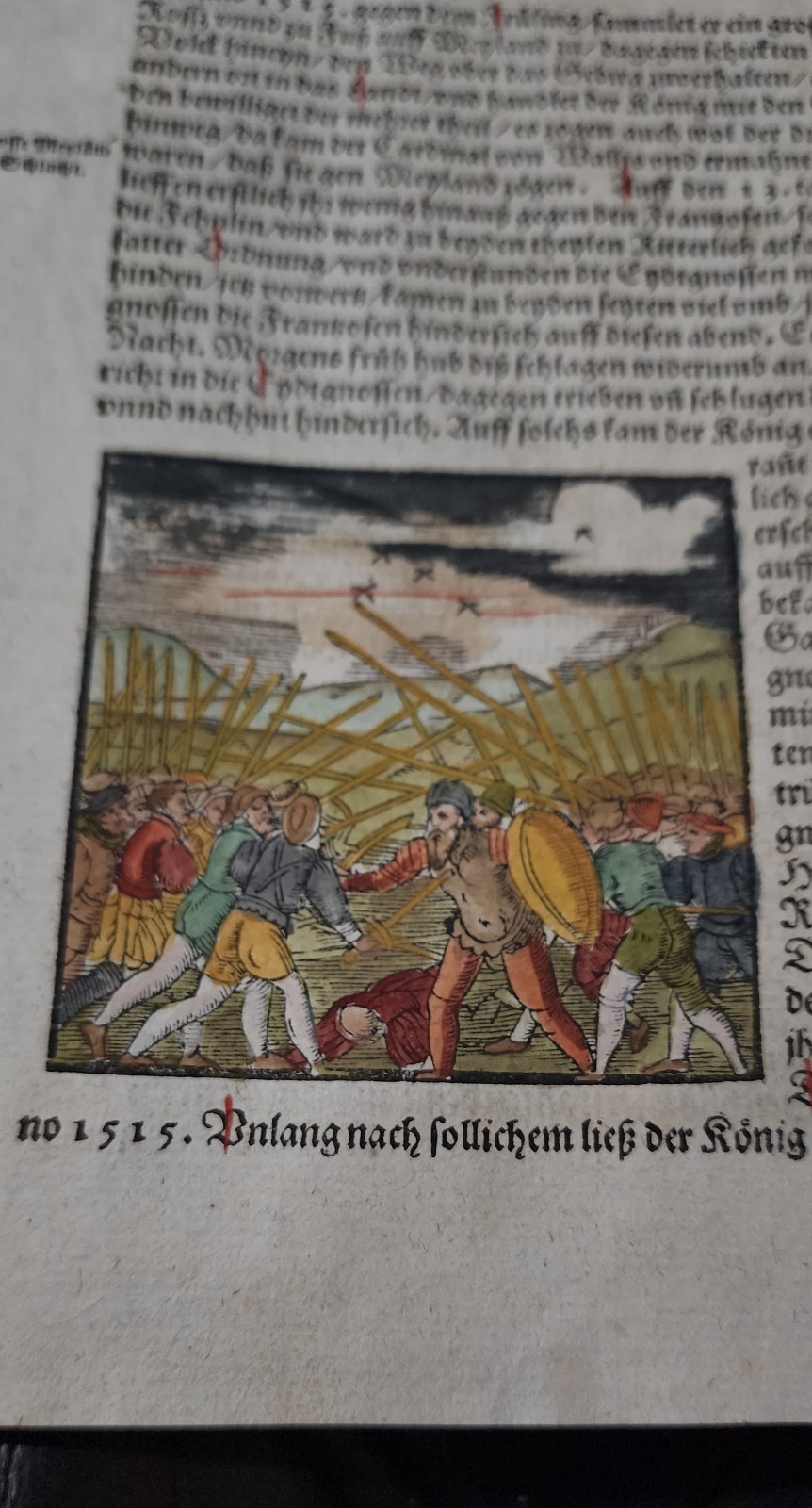 1588 German Manuscript Book Page Hand Colored War Burned At Stake 1500s Ephemera
