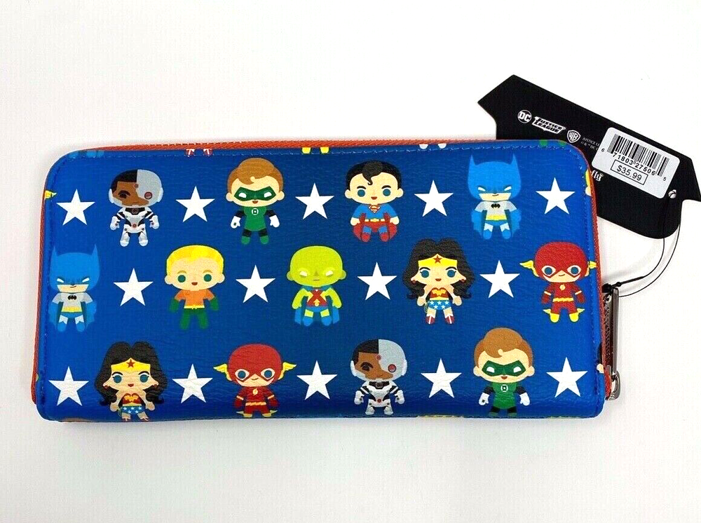 Loungefly DC Comics JUSTICE LEAGUE CHIBI CHARACTERS Mini Backpack~Wallet~Pouch