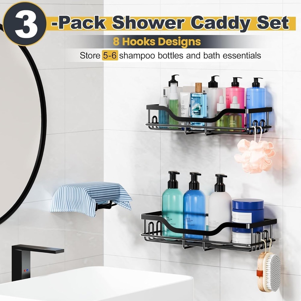 Rustproof 3-Pack Shower Shelves with Soap Holder – Quick No-Drill Setup Included