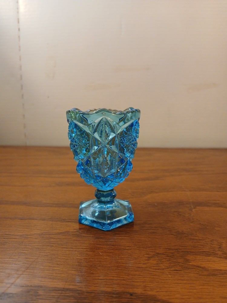 Light Blue Pressed Glass Toothpick Holder Star Decor
