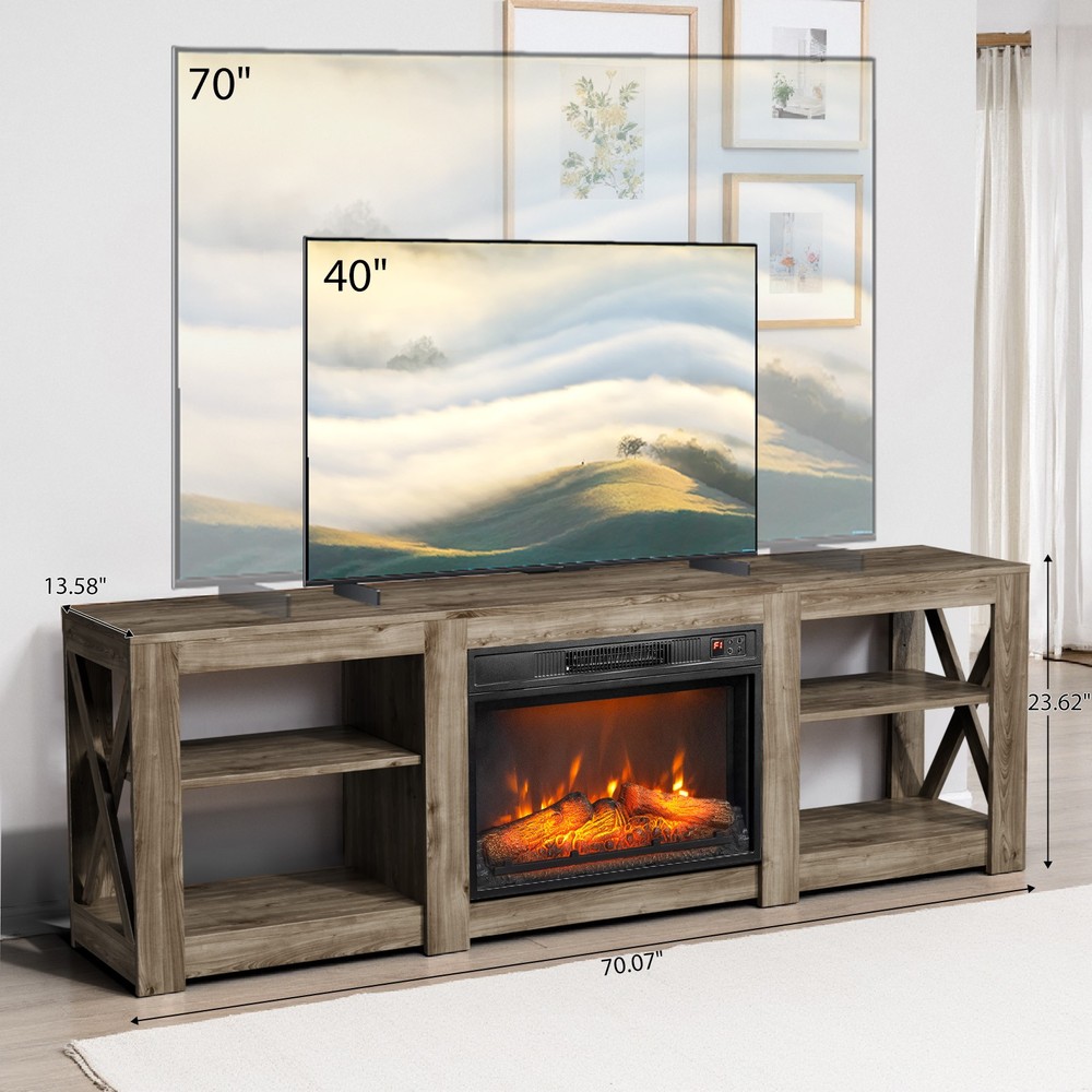 70" Washed Gray Double-Sided Fireplace Cabinet, 23" Fireplace Core