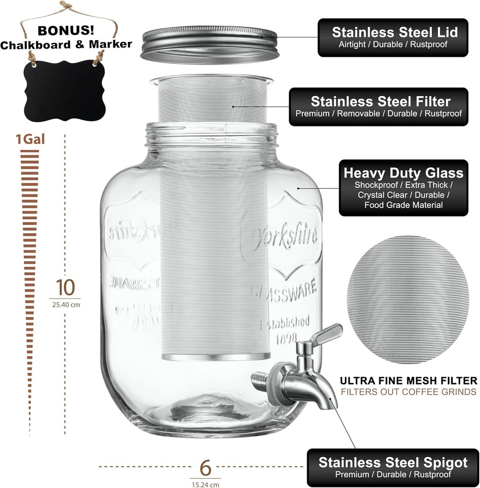 1 Gallon Cold Brew Coffee Maker - 3rd Generation Fine Mesh Filter - Stainless St
