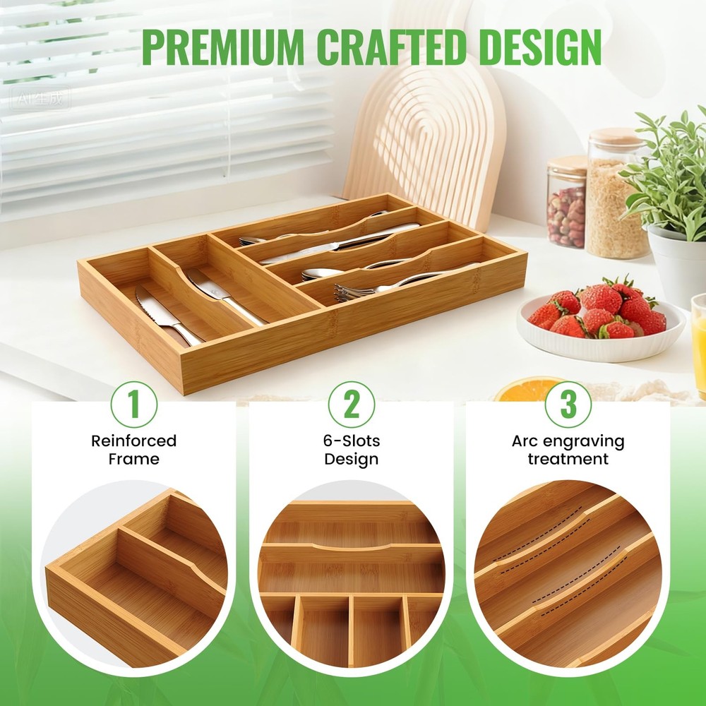 Bayting Bamboo Silverware Organizer, Kitchen Drawer Medium,