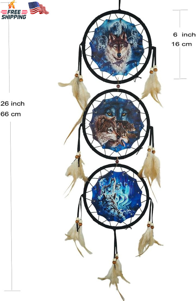 Remorelt Wolf Dream Catchers，3-Layer Circle Wall Hanging with Different Wolf Art