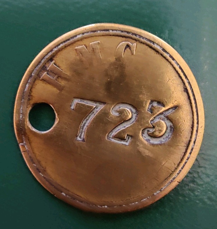 Hartley Main Collieries Pit Check Tally marked H.M.C. 723