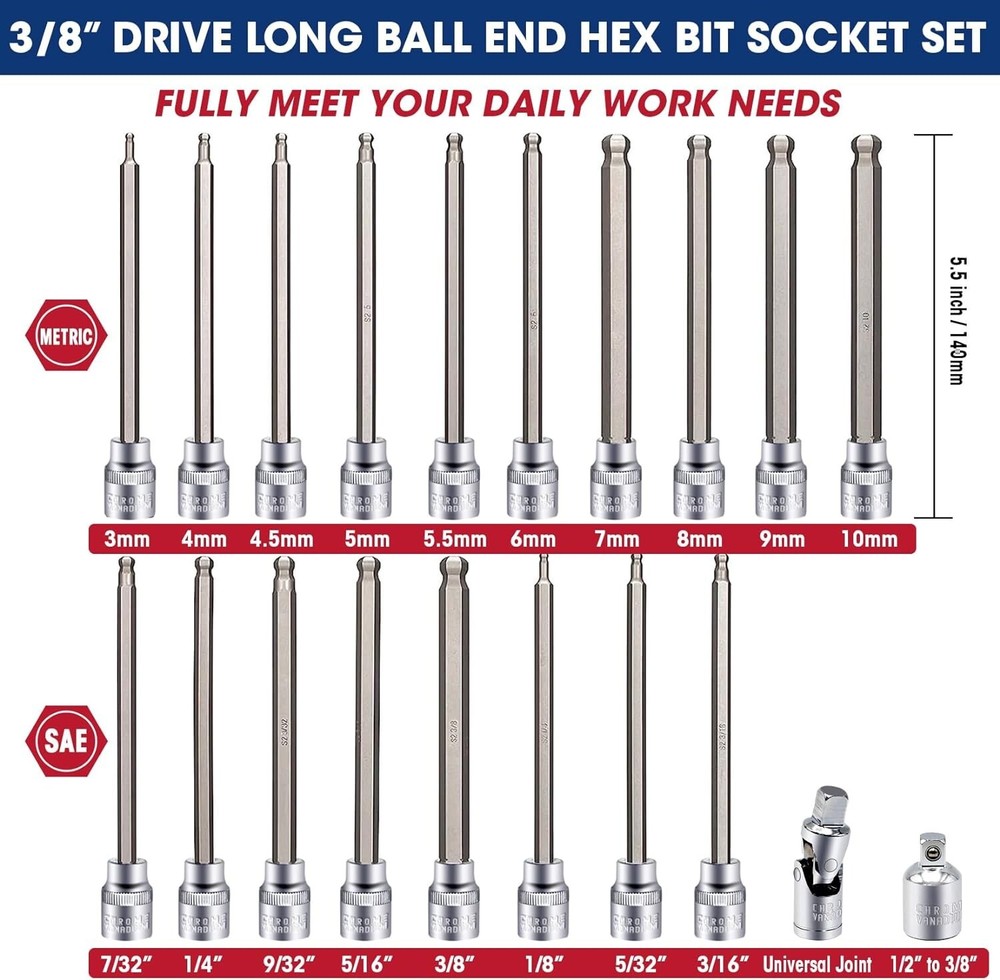20Pc 3/8 Inch Drive Long Ball End Hex Bit Socket Set Extra Long Allen Socket Set