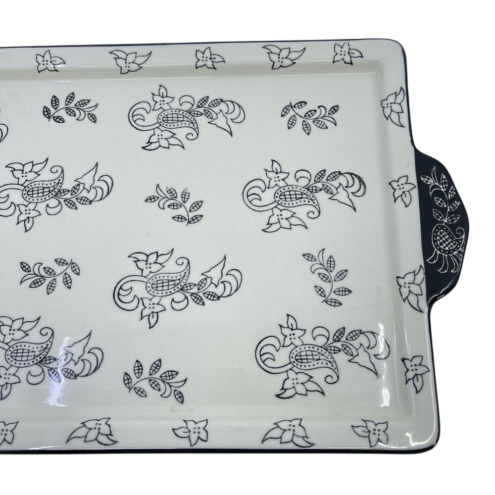baum white and black ceramic serving platter with handles floral pattern