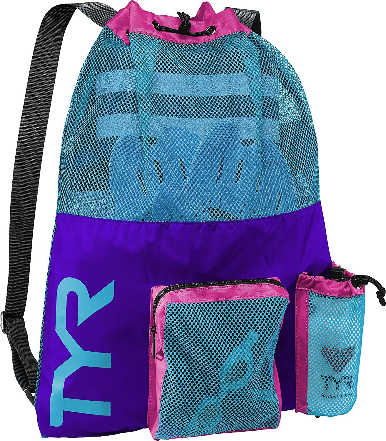 TYR Big Mesh Swim Backpack - Water Swimming Training Workout - Purple Blue Pink