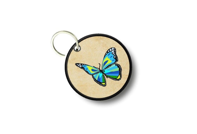 Keychain Round Printed Double-Sided Butterfly Blue