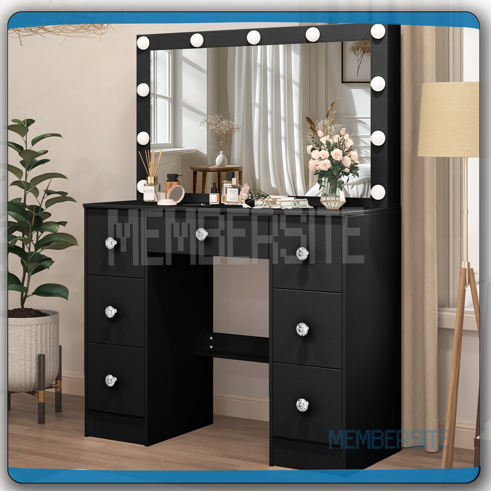 Black Vanity Makeup Desk Dressing Table With Large Mirror + Drawer &Crystal Pull
