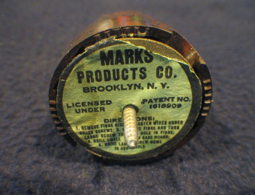 Antique Early Eletrical Brown Bakelite Round Surface Mount Outlet - Marks