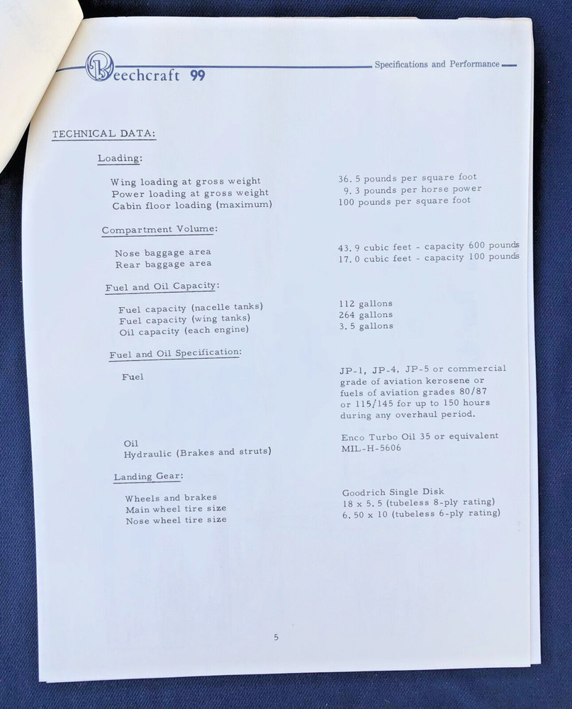 1960'S BEECHCRAFT 99 AIRLINER SPECIFICATIONS AND PERFORMANCE SHEETS W SCHEMATIC