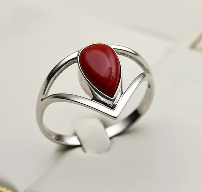 Solid 925 Sterling Silver Natural Red Coral Pear Shape Gemstone Handmade Ring
