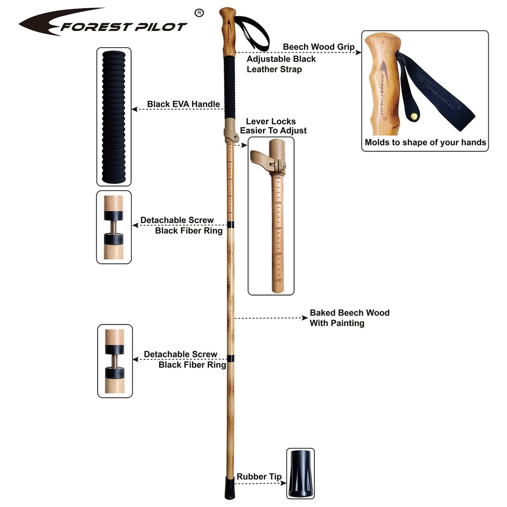 Adjustable Beech Wood Trekking Pole - Quick Flip-Lock, Leather Strap, Black