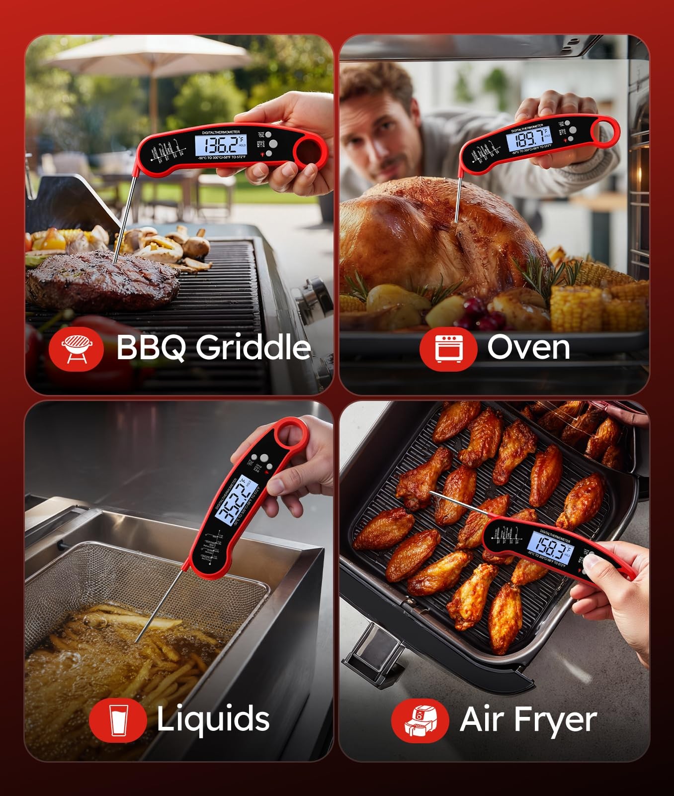 Digital Meat Thermometer Instant Read Food Probe for Cooking Grilling BBQ Red